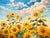 A radiant, textured original oil painting capturing a sun-drenched field of sunflowers beneath billowing summer clouds....