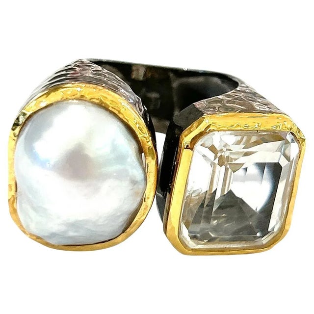 Bochic “Orient” White Topaz and White South Pearl Ring Set 18K White Gold&Silver, Size 7 For Sale