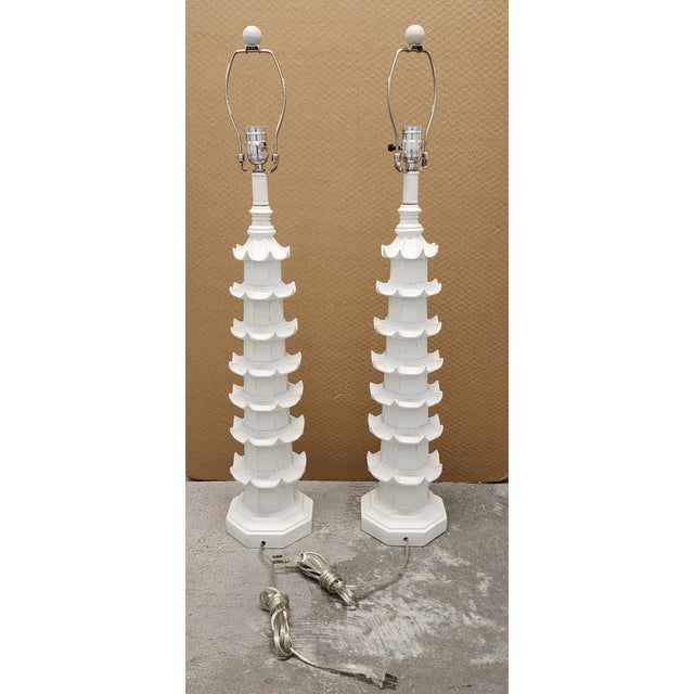 White Pagoda Chinoiserie Style Table Lamps - A Pair For Sale - Image 4 of 12