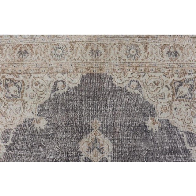 Mid 20th Century Distressed Turkish Carpet With Medallion Design in Dark Gray, Lt. Brown & Cream For Sale In Atlanta - Image 6 of 12