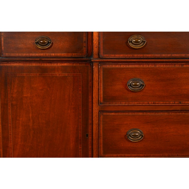 Baker Furniture Style Federal Carved Mahogany Breakfront Bookcase Cabinet With Secretary Desk, Circa 1940s For Sale - Image 10 of 16