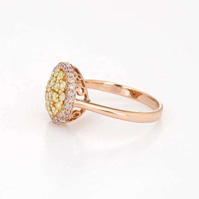 Pink Yellow Diamond Halo Ring Estate 18 Karat Rose Gold Fine Coloured Gemstones size 8.25 For Sale - Image 4 of 7