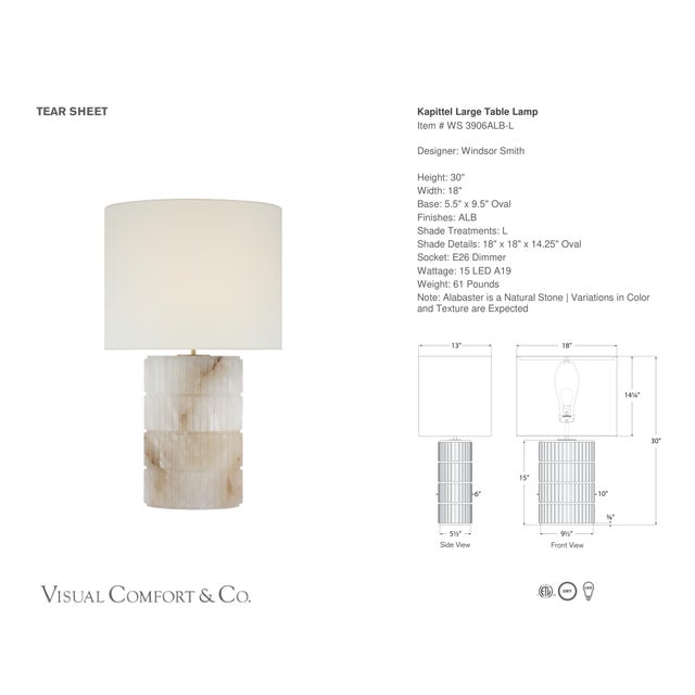Windsor Smith by Visual Comfort Signature Kapittel Large Table Lamp in Alabaster with Linen Shade Designer: Windsor Smith...