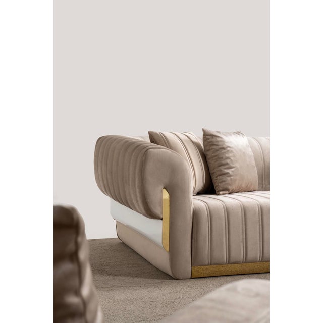 Metal New Luna 3–Piece Channel Tufted Gold Accent Luxury Sofa Set - Sofa , Loveseat & Chair For Sale - Image 7 of 18