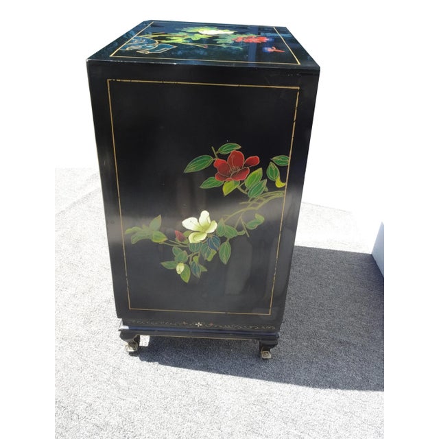 Vintage Oriental Black Lacquer Hand Painted Two Door Cabinet ~ Mother of Pearl For Sale In Los Angeles - Image 6 of 12