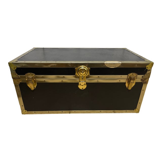Antique Everlite Black and Brass Steamer Trunk Made in Canada For Sale