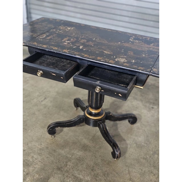 19th Century Ebonized Chinoiserie Pedestal Occassional Table Drop Leaves For Sale - Image 13 of 13