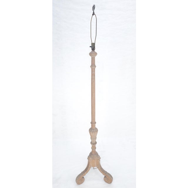 Wood Antique c1920s Very Fine Carved Cerused Oak Tripod Base Floor Lamp MINT For Sale - Image 7 of 11