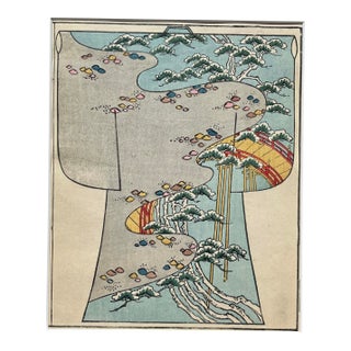 Antique 1886 Japanese Kimono Design Woodblock Print "Bridge and Snowy Pine Trees" With Mat For Sale