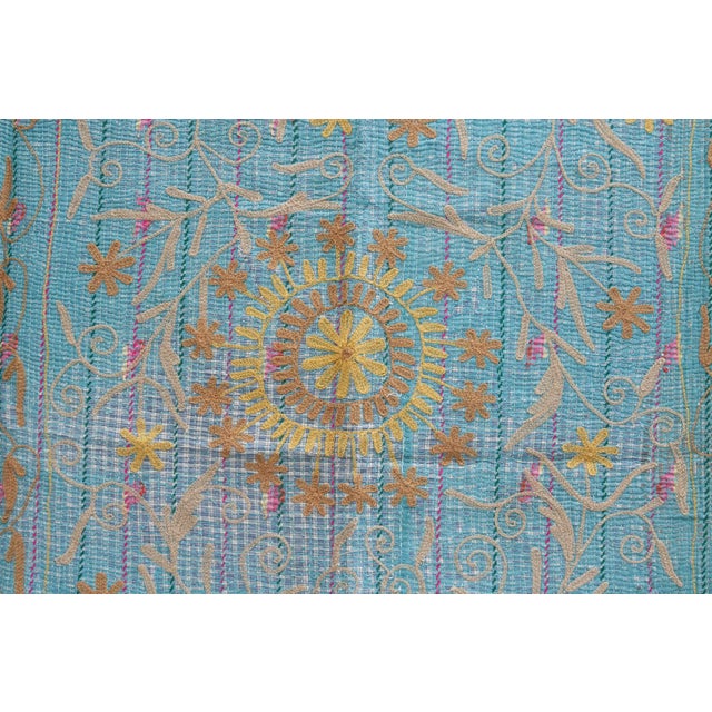 Boho Chic Vintage Turquoise & Gold Suzani Throw For Sale - Image 3 of 12
