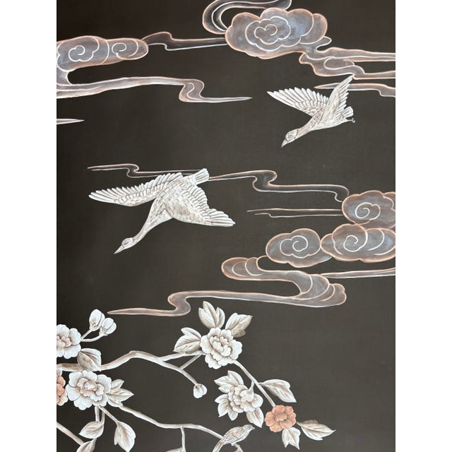 Paper Chinoiserie Black Hand-Painted Wallpaper, Floral & Bird Mural Wall Panels, Set of 6 For Sale - Image 7 of 7