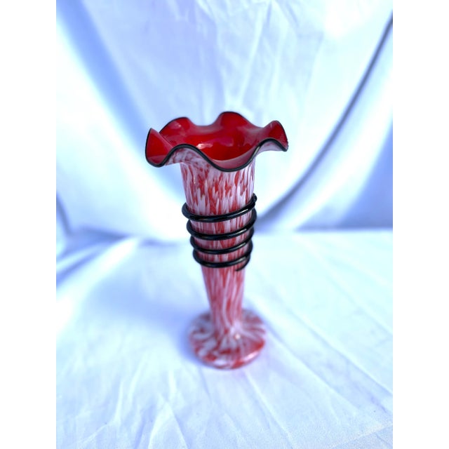 Fun multi colored red, black, white. Vintage Czech bohemian glass vase. This is good condition.