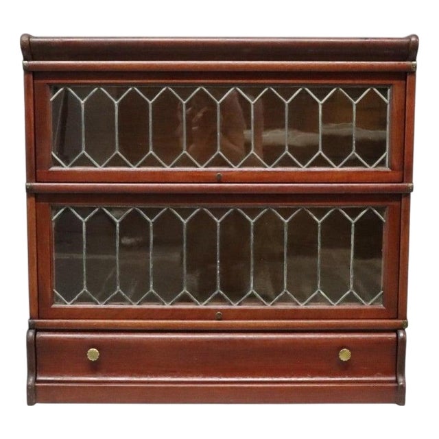 Arts & Crafts Mahogany & Leaded Glass Barrister Bookcase With Drawer C1910 For Sale