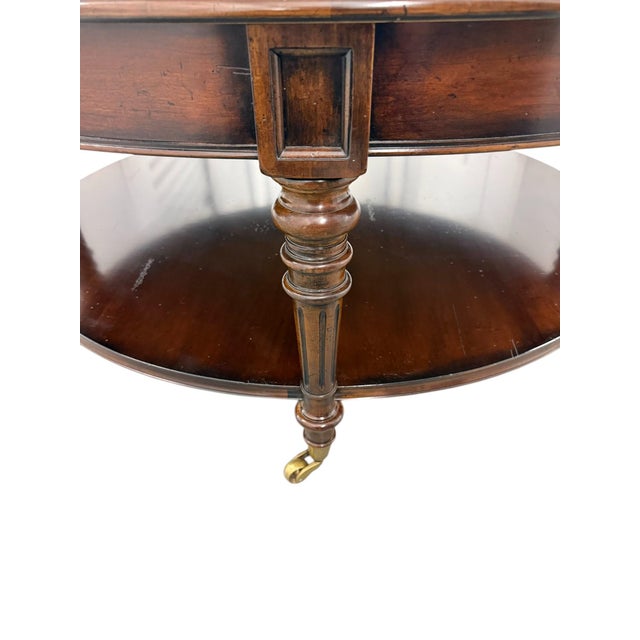Quick Hits: Round inlaid wood two-tier coffee table on brass casters Intricate inlay with intentional distressing and...