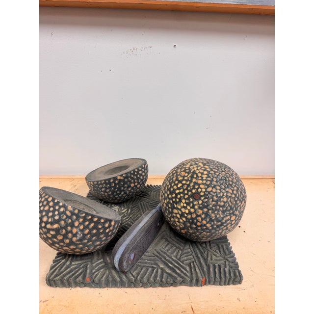 1980s Vintage Hand Painted Terracotta Studio Sculpture of Melons & Cutting Knife on Board, Signed Gayle Fitchinger For Sale - Image 5 of 10