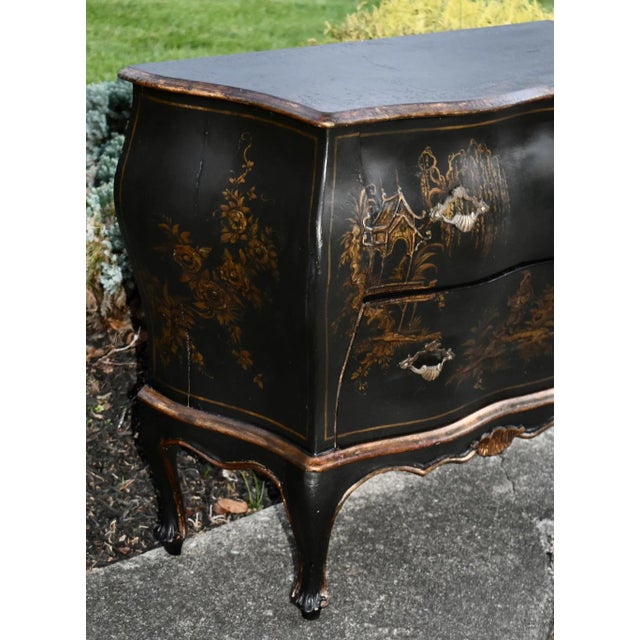 Late 19th Century Antique Petite Bombe 2 Drawer Italian Chinoiserie Black Gold Commode For Sale - Image 5 of 13