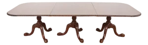 Baker Furniture Style Chippendale Carved Mahogany Triple Pedestal Extension Dining Table, Newly Refinished