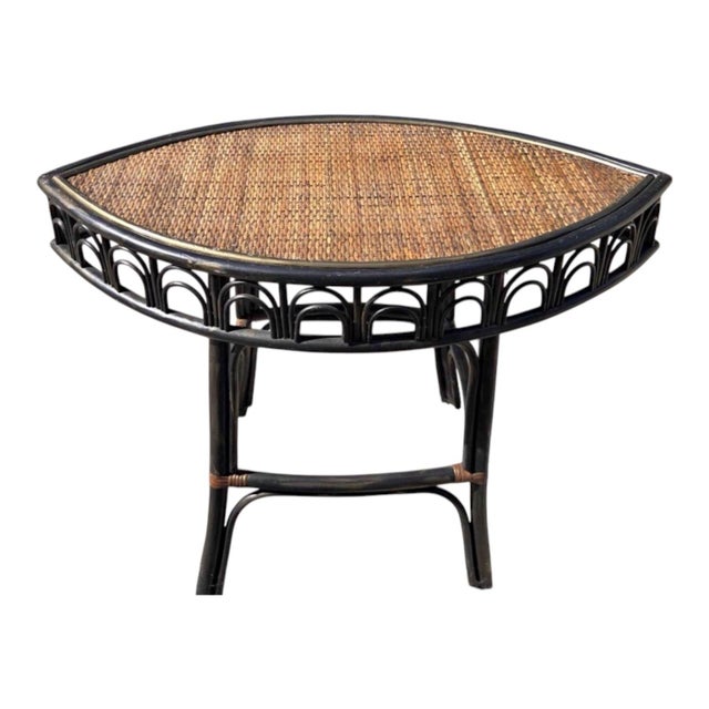 Vintage Black Rattan & Woven Wicker Demilune Console Table For Sale - Image 10 of 11