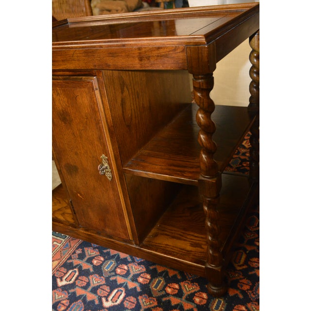 Attributed to Henredon Barley Twist Dark Oak Wood End / Side Table With Center Cupboard & Shelves For Sale - Image 6 of 14