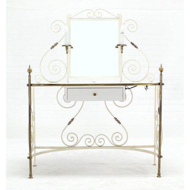Decorative Vanity Dressing Table Milk Glass Top Metal Scroll Brass Hardware For Sale - Image 4 of 10