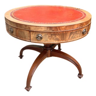Vintage Regency Style Mahogany Red Leather Top Drum Table Carved Base For Sale