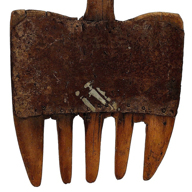 Folk Art Antique Handmade Wooden and Metal Pitchfork For Sale - Image 3 of 6