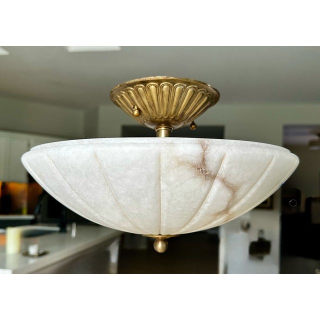 Alabaster 1980s French Directoire Style Incised Star Alabaster Flush Mounts - Pair For Sale - Image 8 of 18