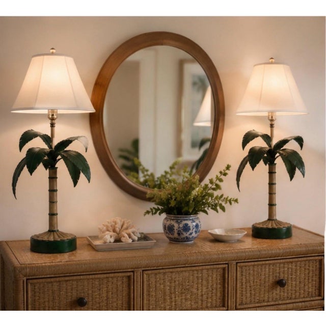 Pair of Hollywood Regency Italian Tole Palm Tree Table Lamps For Sale - Image 10 of 12