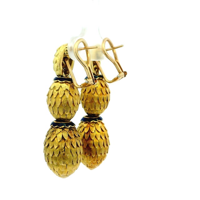 1960s 14k Yellow Gold & Blue Enamel Textured Drop Earrings, A Pair For Sale - Image 10 of 13