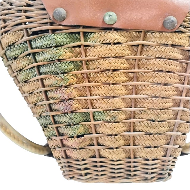 Ooak Mid-Century 1960s Woven Wicker Creel Basket With Leather Flap Tubular Handles For Sale - Image 12 of 17