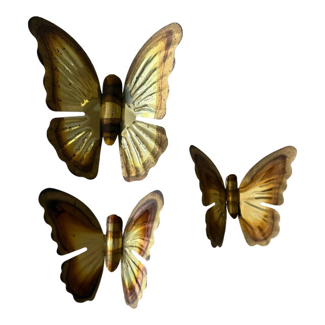 Set of 3 Vintage Mid Century Brass Butterfly Wall Hangings For Sale