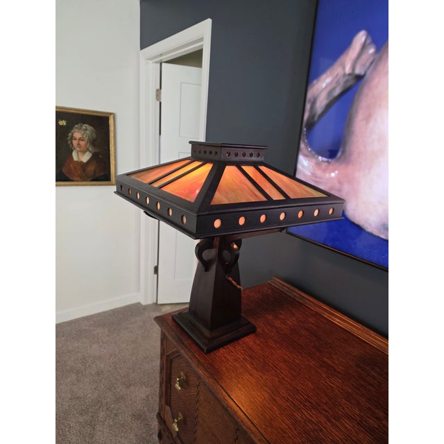1910 Slag Glass Mission Lamp For Sale - Image 4 of 8