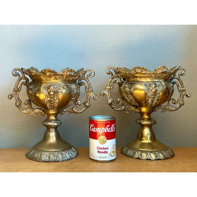 Vintage Brass Cherub Urns - A Pair For Sale - Image 10 of 12