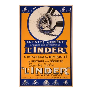 1930s Original French Bicycle Poster, La Patte Arrière à Tension Fixe Automatique l'Inder (Linen-Backed)