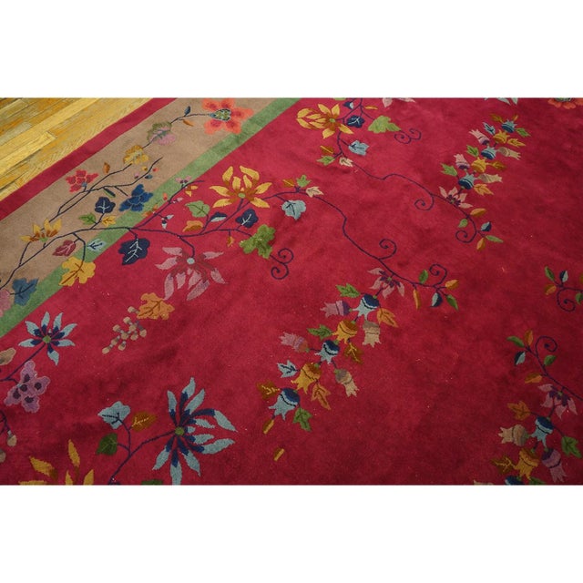 1920s Ruby Red Floral Vase Antique Chinese Art Deco Knotted Wool Rug 9' X 11'9" For Sale - Image 4 of 10