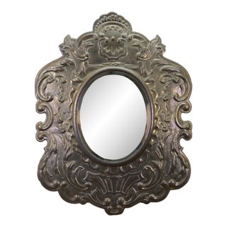 Late 20th Century Embossed Brass Beveled Oval Repousse Scalloped Acanthus Wall Mirror For Sale
