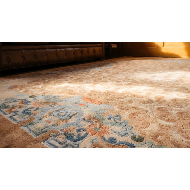 Peach Delicate Chinoiserie Pattern on Peach Background Color Antique Chinese Peking Rug For Sale - Image 8 of 8