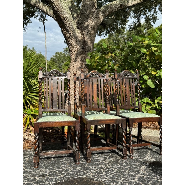 Antique Set of Six Barley Twist Dining Chairs With Teal Leopard Upholstery For Sale In Tampa - Image 6 of 11
