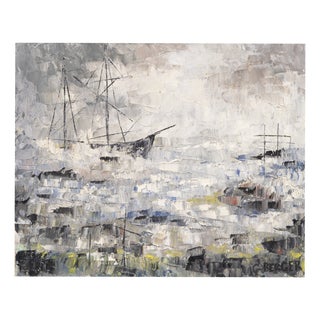 G. Berger, Modernist Seascape with Sailing Ships, Textured Impasto Marine Scene, Oil on Canvas For Sale