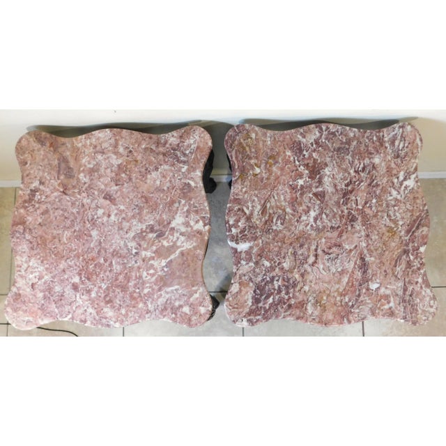Pair Vintage Chinese Carved Rosewood Pink Marble Top Side/End Tables For Sale - Image 4 of 8