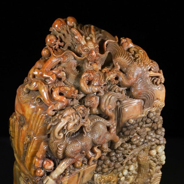 1950s Carved Shoushan Stone "Mountain-Form" Seal Figurine With Dragon, Phoenix & Qilin — Multi-Tier Carved Base For Sale In Los Angeles - Image 6 of 10