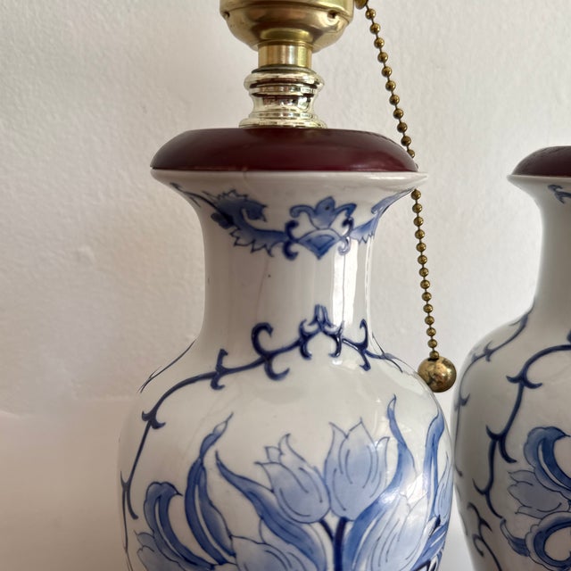 Wood 1990s Blue and White Floral Lamp Pair For Sale - Image 7 of 9