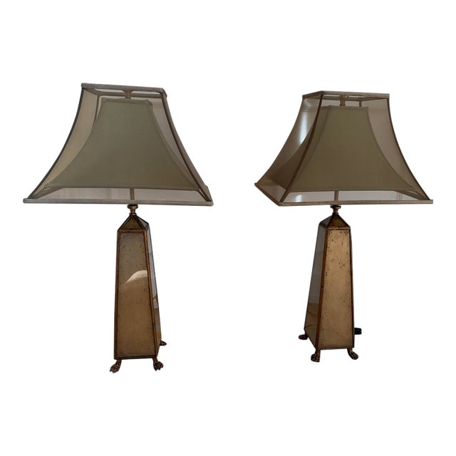 Neoclassical Mid-Century Antiqued Mirror Obelisk Table Lamps With Gilt Paw Feet - Pair For Sale