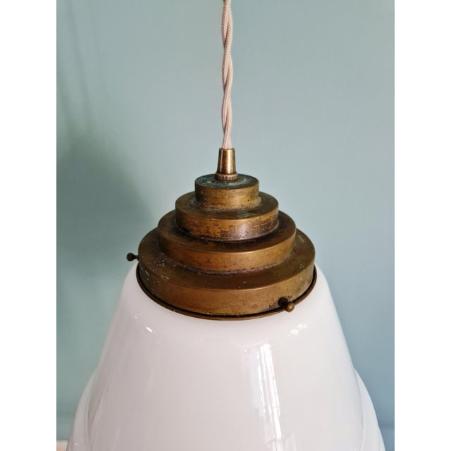 Metal Art Deco Conical Pendant Light in White Opaline Glass, 1920s For Sale - Image 7 of 11