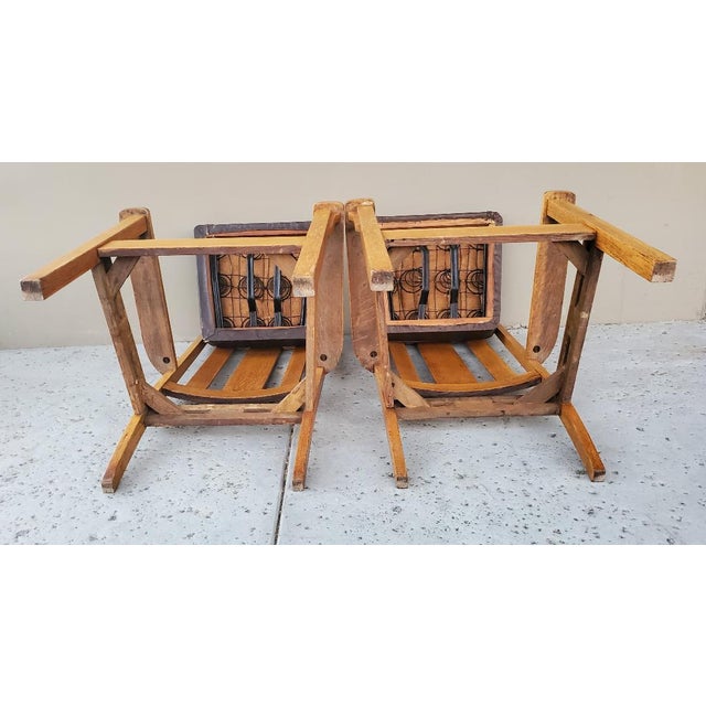 Early 20th Century 2 Matching 1910 Mission Quarter Sawn Oak & Removable Leather Seat Arm Chairs For Sale - Image 14 of 18