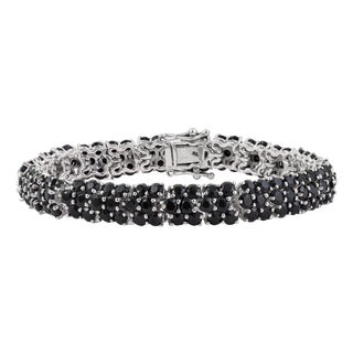 Wide Three Row Mosaic 14.37 CTW Black Onyx Tennis Bracelet in 925 Sterling Silver 7 Inch For Sale
