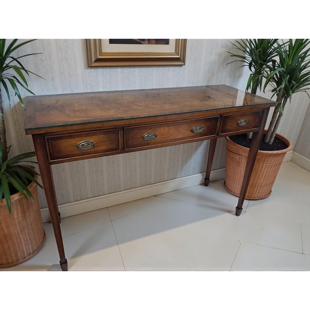 Reprodux Mahogany Console Hall Table / Writing Desk with Protective Glass Top By Bevan Funnell Ltd, England – Pristine...