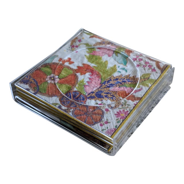 Vintage Lucite Coasters With Tobacco Leaf Napkins in Lucite Tray- Set of 5 For Sale