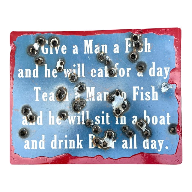 Vintage Original Bullet Hole Fisherman Sign For Sale