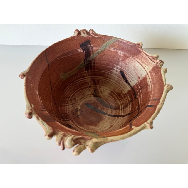 Abstract 80's Vintage M. Polenberg Art Pottery Bowl With Sculpted Rim and Abstract Design Interior For Sale - Image 3 of 12